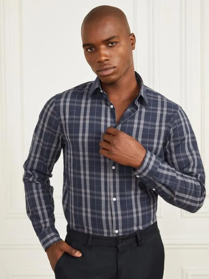 Men GUESS Shirts Joe Notched Cuff Shirt Blue And Grey Check