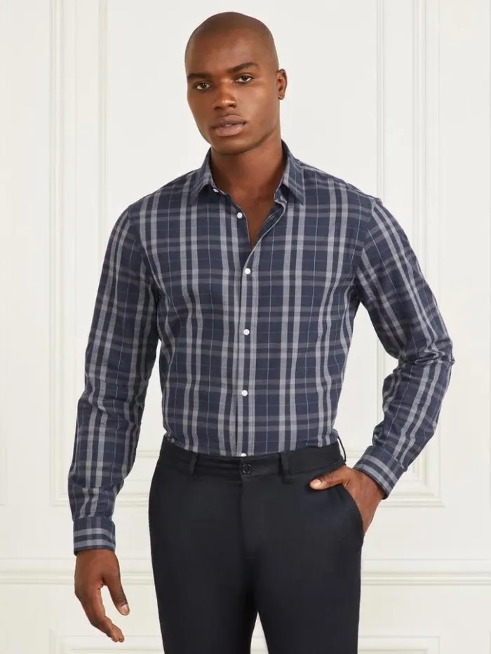Men GUESS Shirts Joe Notched Cuff Shirt Blue And Grey Check