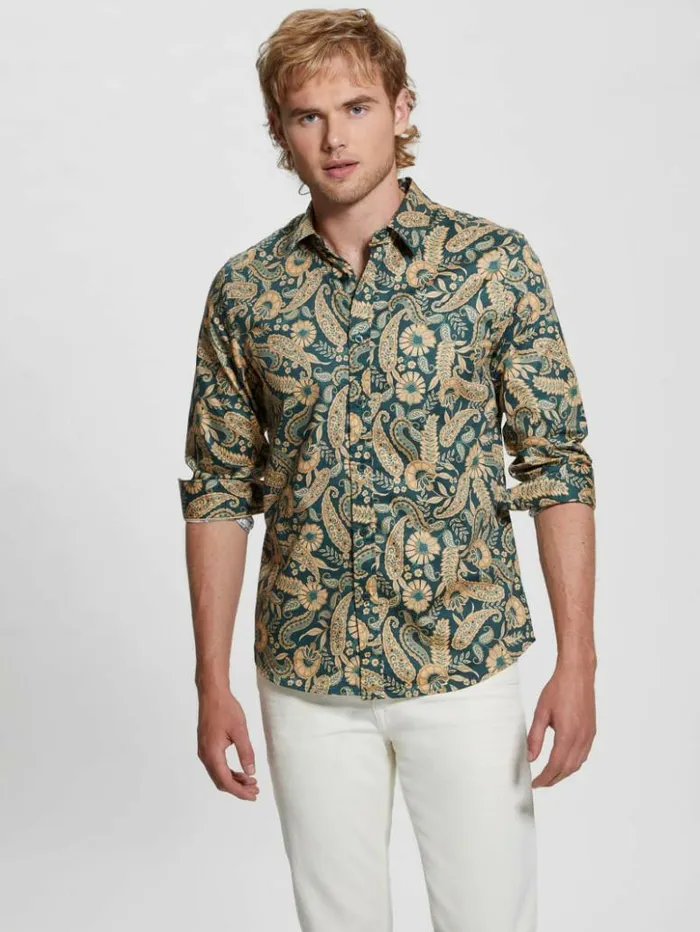 Men GUESS Shirts Luxe Paisley Shirt Paisley Floral Green