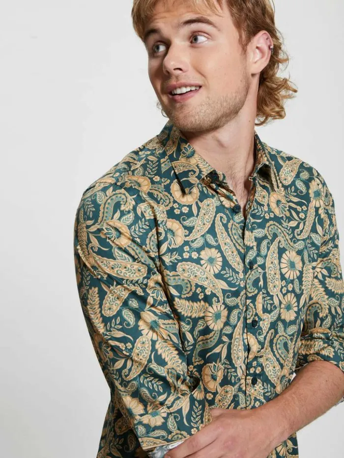 Men GUESS Shirts Luxe Paisley Shirt Paisley Floral Green