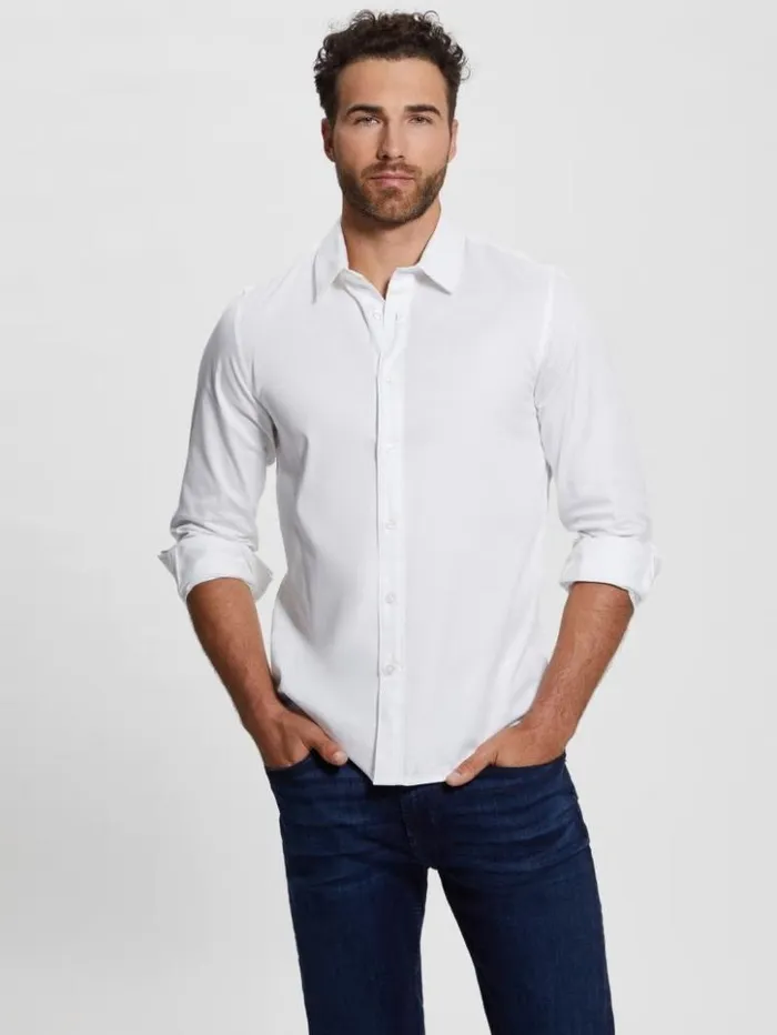 Men GUESS Shirts Luxe Stretch Shirt Pure White