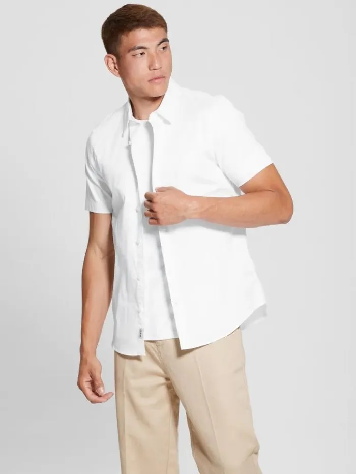 Men GUESS Shirts Luxe Stretch ShortSleeve Shirt Pure White
