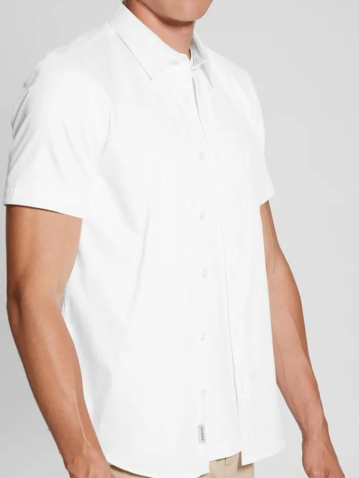 Men GUESS Shirts Luxe Stretch ShortSleeve Shirt Pure White