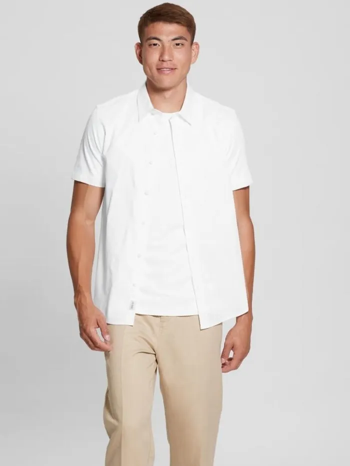 Men GUESS Shirts Luxe Stretch ShortSleeve Shirt Pure White