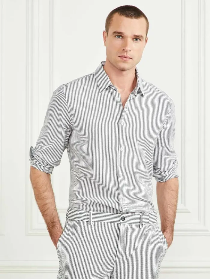 Men GUESS Shirts Seersucker Italian Notched Cuff Shirt Optical White and Blu Navy