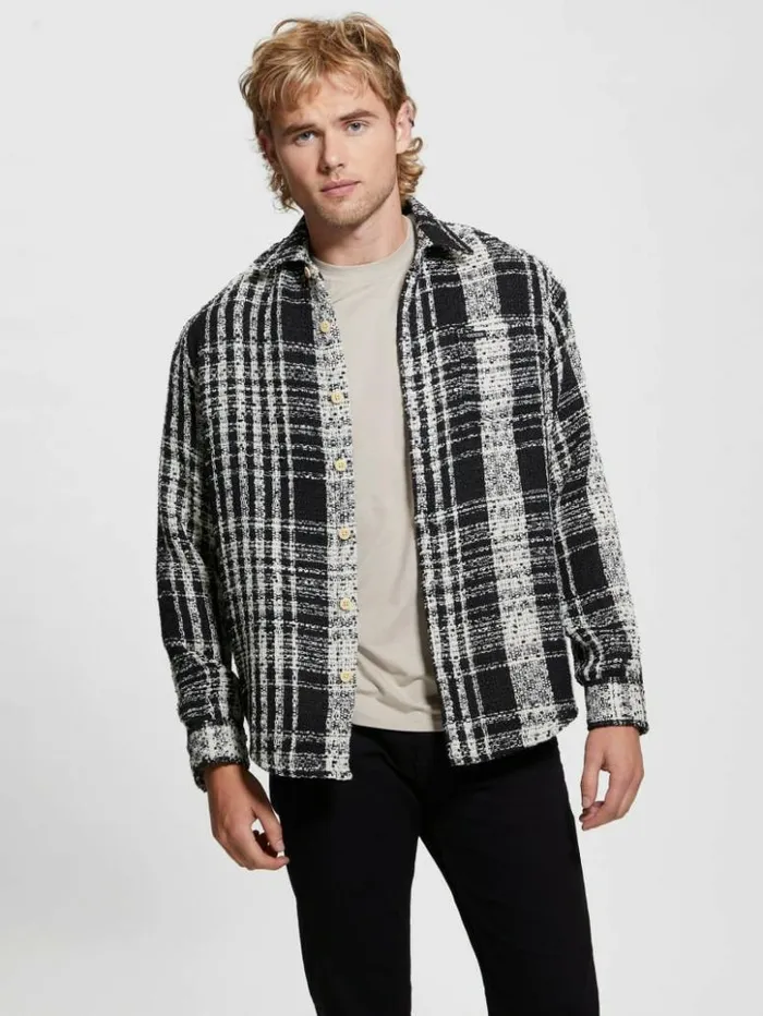 Men GUESS Shirts Soyer Plaid Heavyweight Shirt Salt White Multi