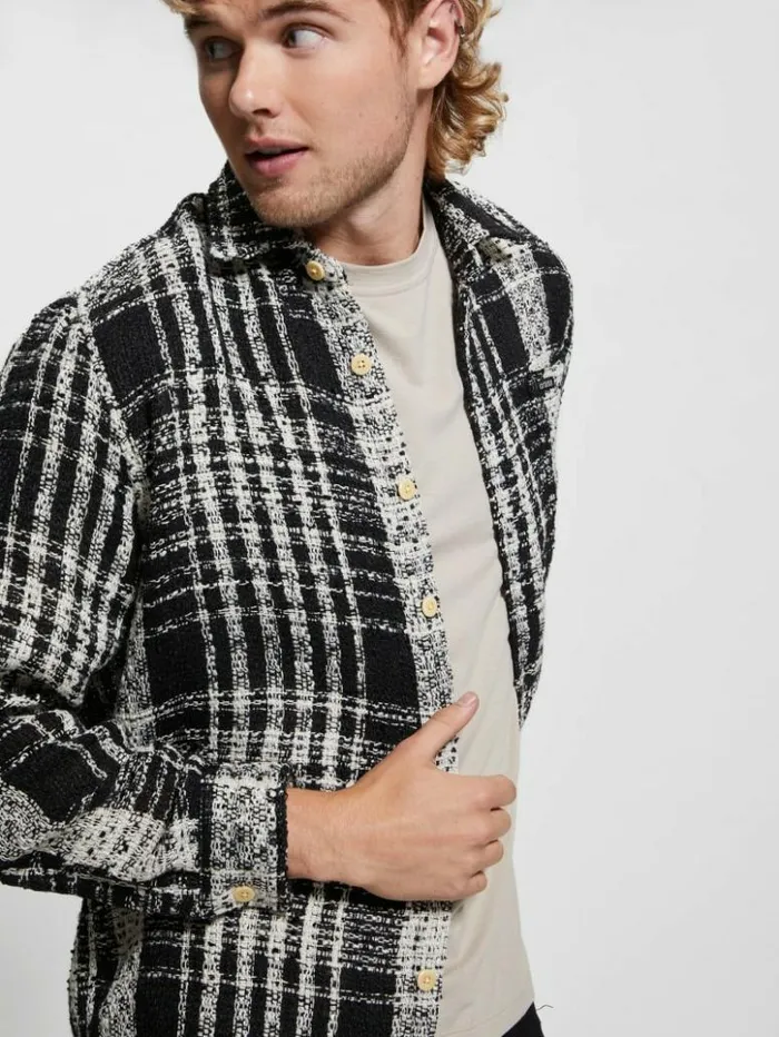 Men GUESS Shirts Soyer Plaid Heavyweight Shirt Salt White Multi