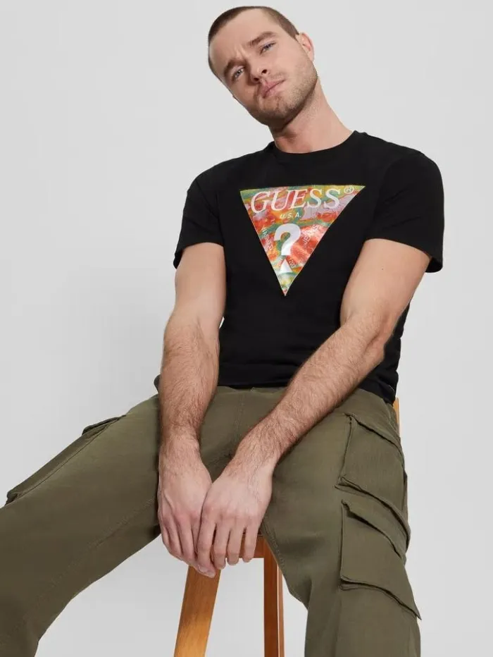 Men GUESS TShirts and Tanks Eco Abstract Triangle Logo Tee Black