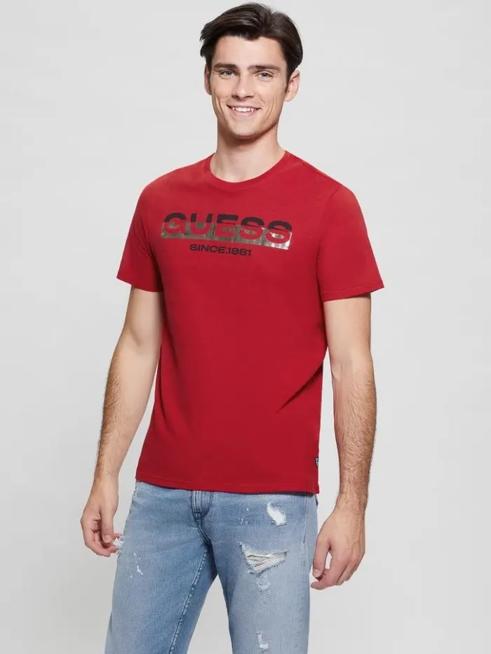 Men GUESS TShirts and Tanks Eco MetallicAccented Tee Chili Red