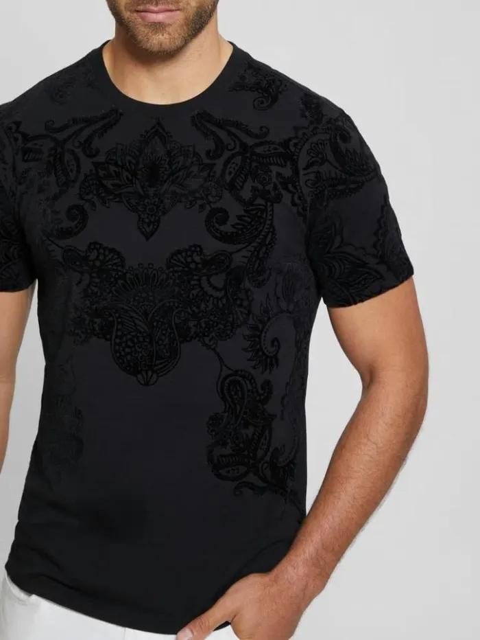 Men GUESS TShirts and Tanks Flocked Paisley Tee Black