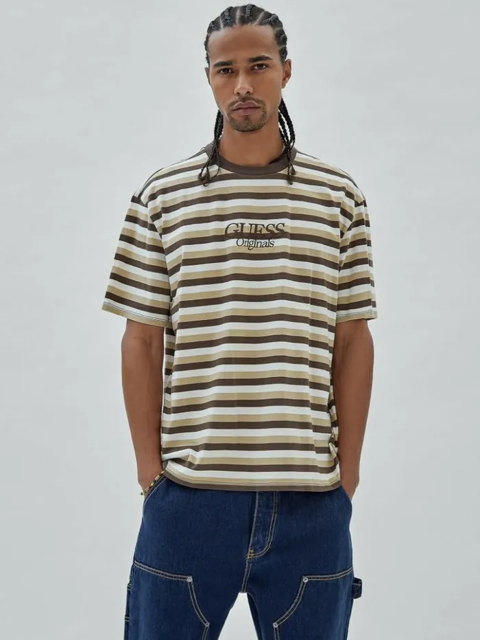 Men GUESS TShirts and Tanks GUESS Originals Eco Striped Tee Coarse Brown Multi Men GUESS TShirts and Tanks GUESS Originals Eco Striped Tee Coarse Brown Multi
