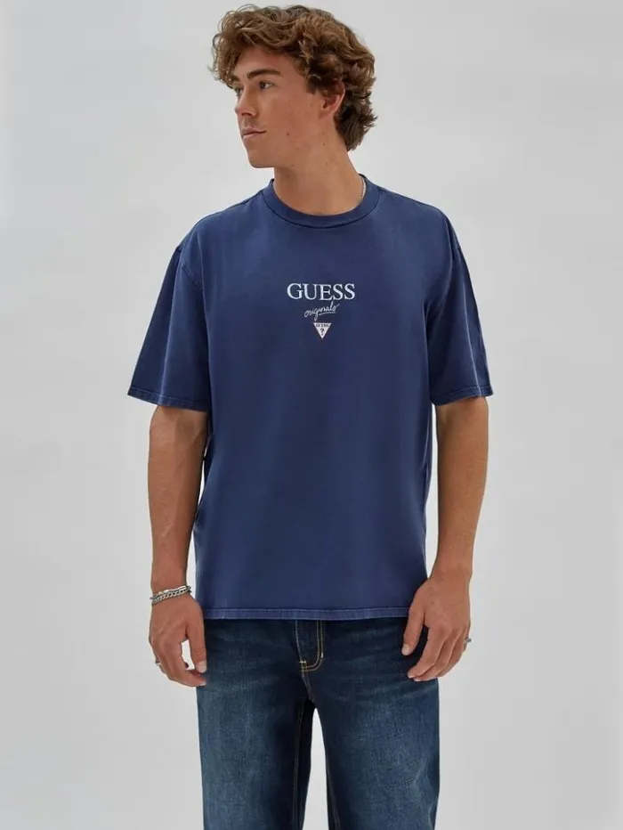 Men GUESS TShirts and Tanks GUESS Originals Printed Baker Logo Tee Cave Blue Multi Men GUESS TShirts and Tanks GUESS Originals Printed Baker Logo Tee Cave Blue Multi