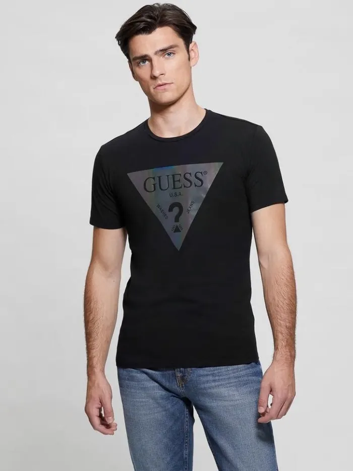Men GUESS TShirts and Tanks Iridescent Logo Graphic Tee Jet Black