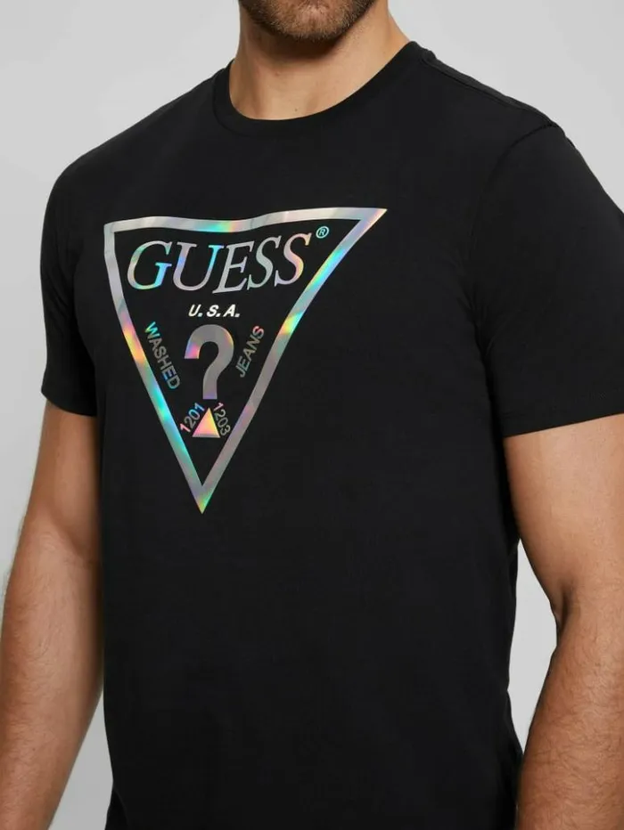 Men GUESS TShirts and Tanks Iridescent Signature Tee Black