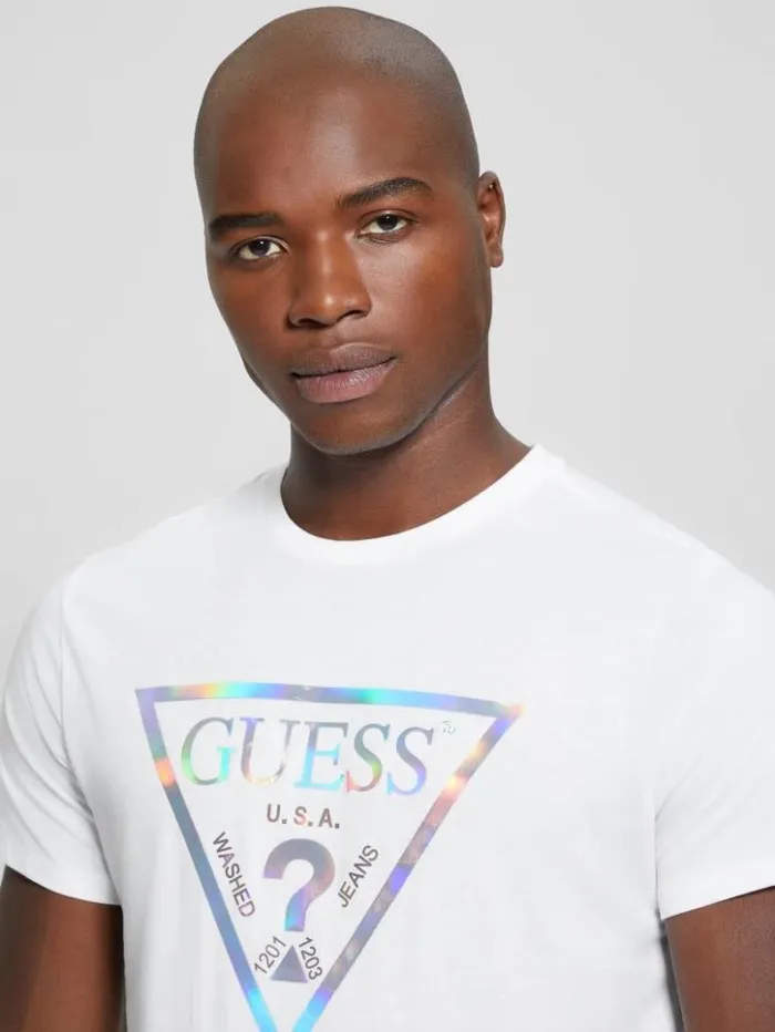 Men GUESS TShirts and Tanks Iridescent Signature Tee Pure White