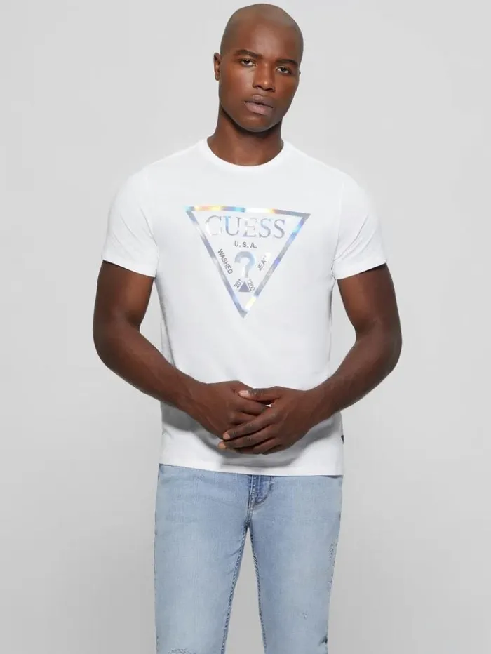 Men GUESS TShirts and Tanks Iridescent Signature Tee Pure White