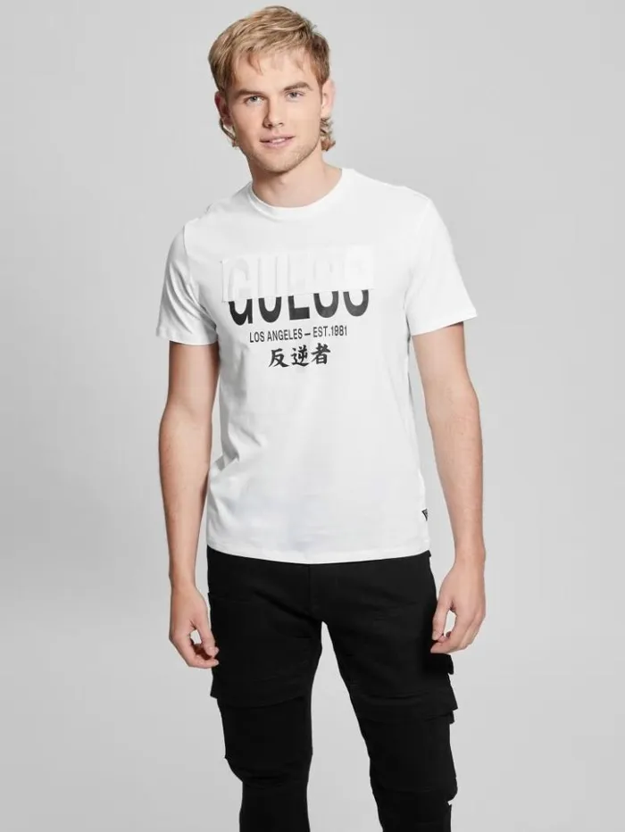 Men GUESS TShirts and Tanks Signature Split Applique Tee Pure White