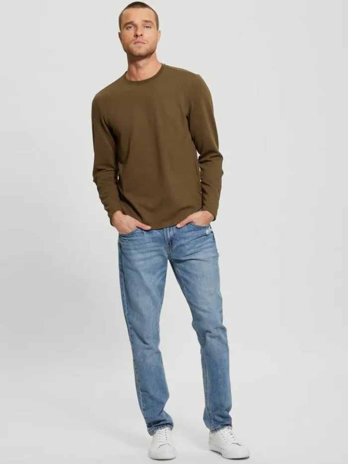 Men GUESS TShirts and Tanks Textured Longsleeve Tee Arsenal Green