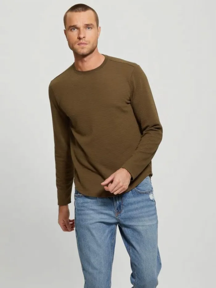 Men GUESS TShirts and Tanks Textured Longsleeve Tee Arsenal Green