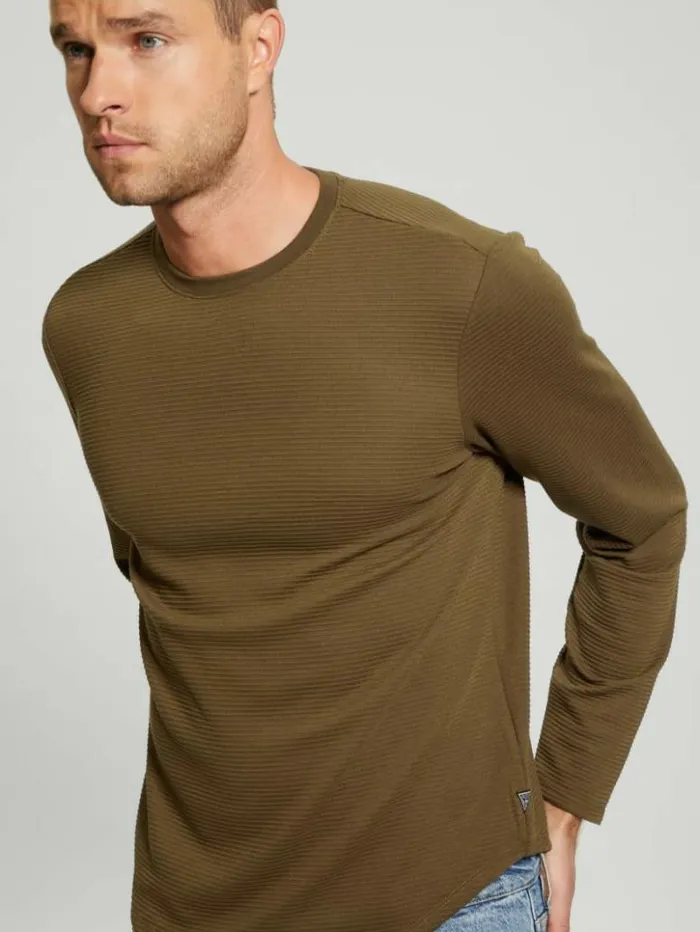 Men GUESS TShirts and Tanks Textured Longsleeve Tee Arsenal Green