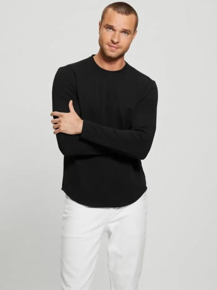 Men GUESS TShirts and Tanks Textured Longsleeve Tee Black