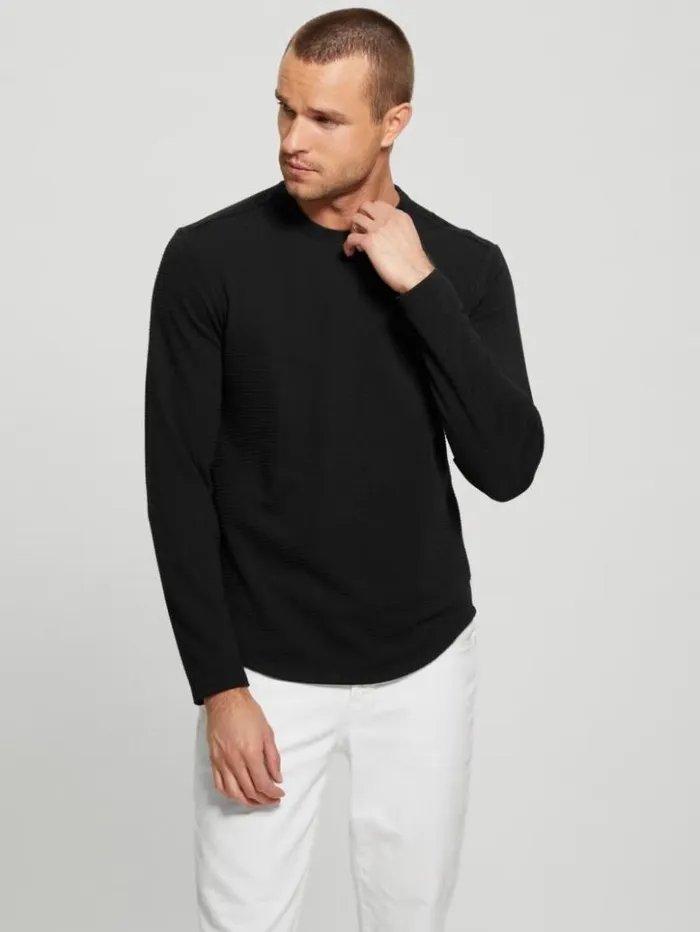 Men GUESS TShirts and Tanks Textured Longsleeve Tee Black