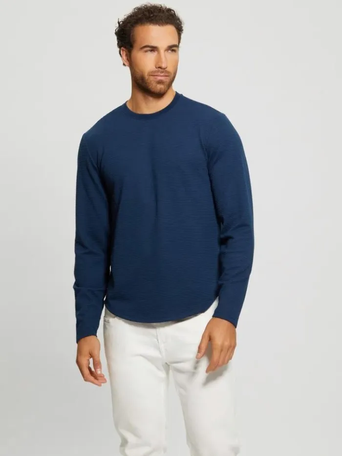 Men GUESS TShirts and Tanks Textured Longsleeve Tee Silk Blue