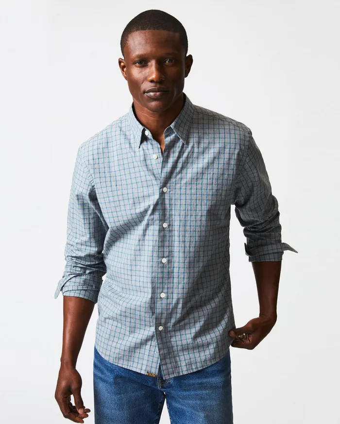 Men Shirting Billy Reid Melange Windowpane Tuscumbia Shirt Hidden Bd Greyteal