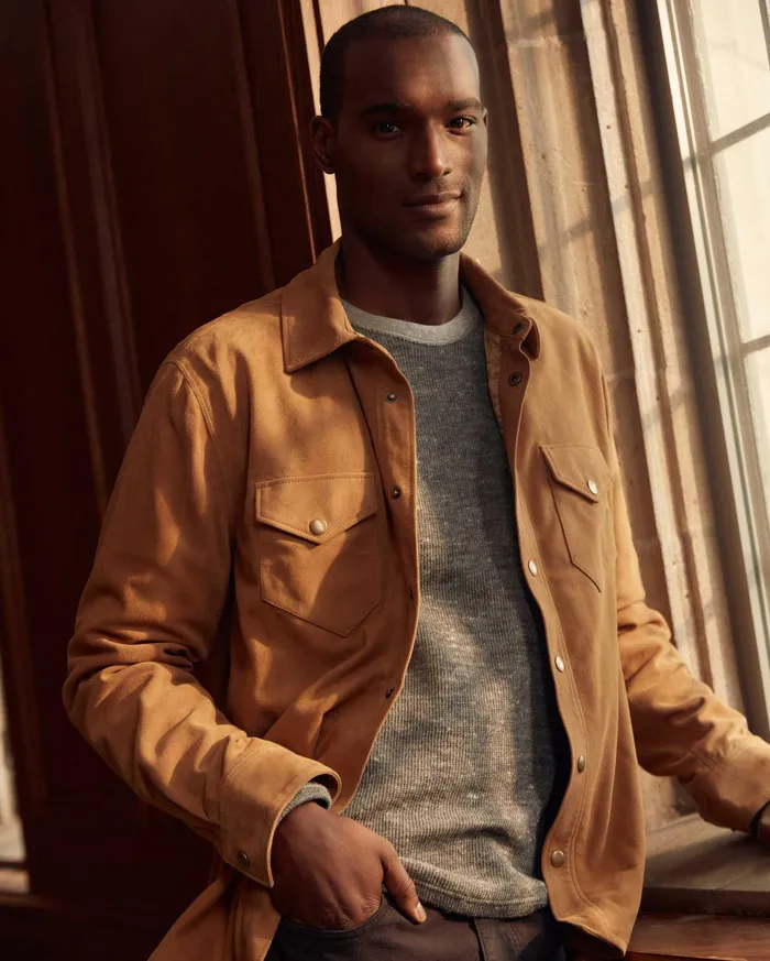 Men Shirting Billy Reid Savoy Suede Workshirt Camel