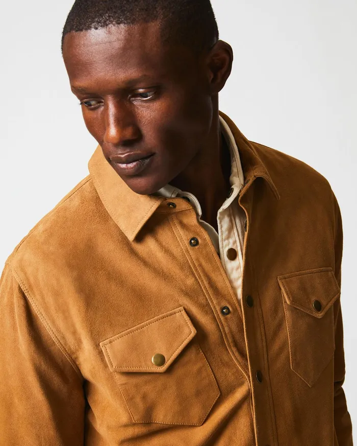 Men Shirting Billy Reid Savoy Suede Workshirt Camel