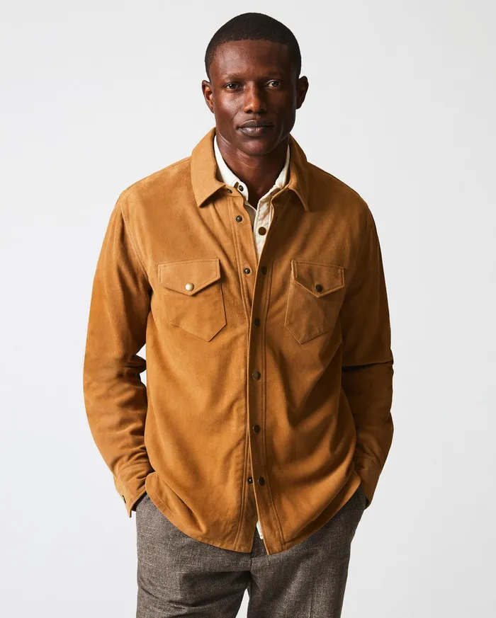 Men Shirting Billy Reid Savoy Suede Workshirt Camel
