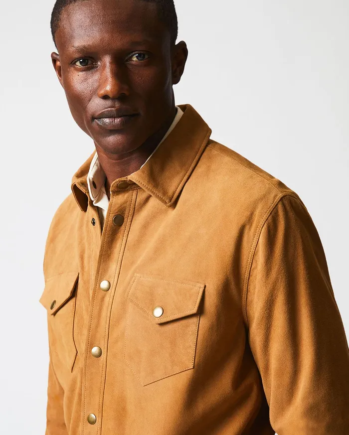 Men Shirting Billy Reid Savoy Suede Workshirt Camel
