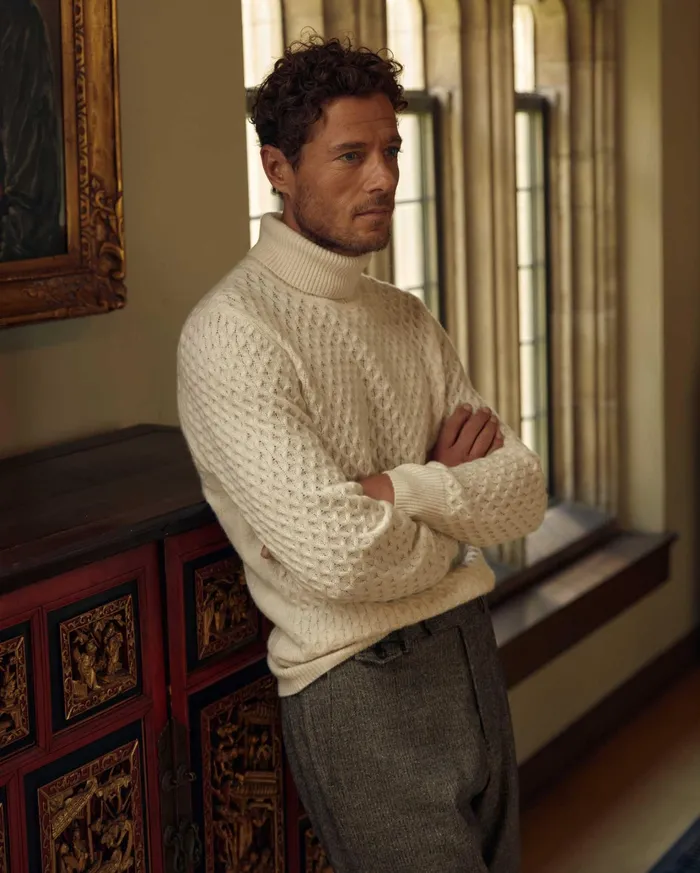 Men Sweaters and Sweatshirts Billy Reid Cashmere Honeycomb Turtleneck Natural