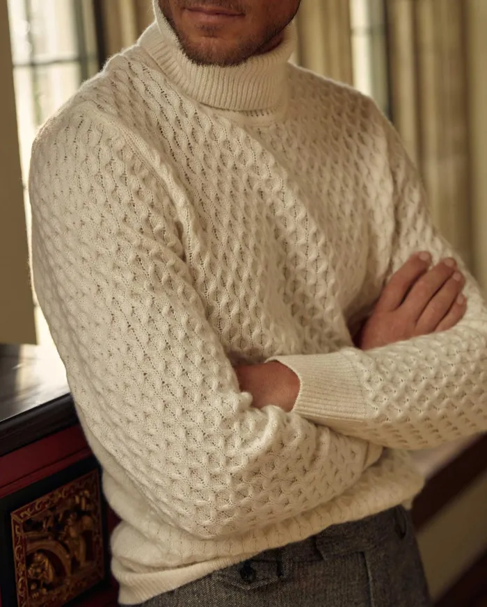Men Sweaters and Sweatshirts Billy Reid Cashmere Honeycomb Turtleneck Natural