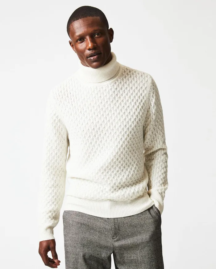 Men Sweaters and Sweatshirts Billy Reid Cashmere Honeycomb Turtleneck Natural