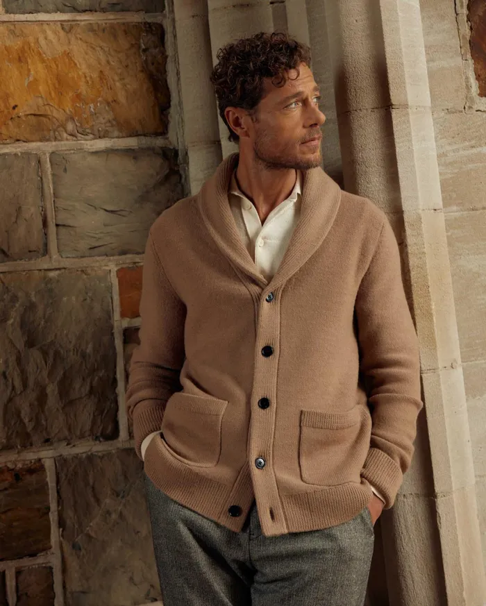 Men Sweaters and Sweatshirts Billy Reid Collegiate Cardigan Camel Heather