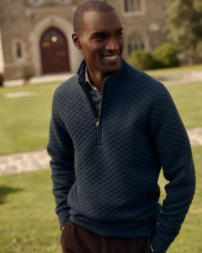 Men Sweaters and Sweatshirts Billy Reid Diamond Quilt Half Zip Carbon Blue