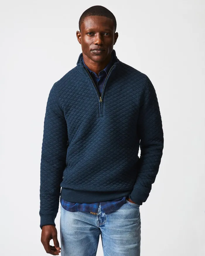 Men Sweaters and Sweatshirts Billy Reid Diamond Quilt Half Zip Carbon Blue