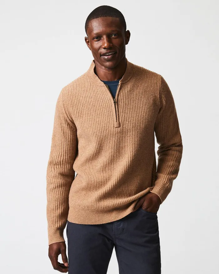 Men Sweaters and Sweatshirts Billy Reid Fisherman Rib Half Zip Cameltan