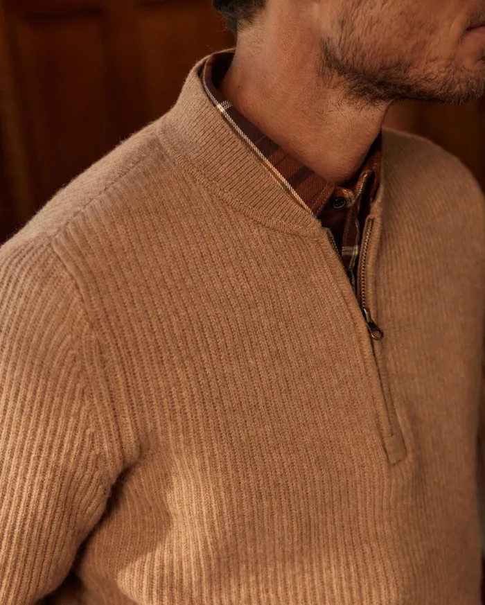 Men Sweaters and Sweatshirts Billy Reid Fisherman Rib Half Zip Cameltan