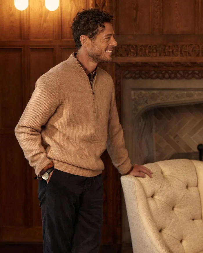 Men Sweaters and Sweatshirts Billy Reid Fisherman Rib Half Zip Cameltan