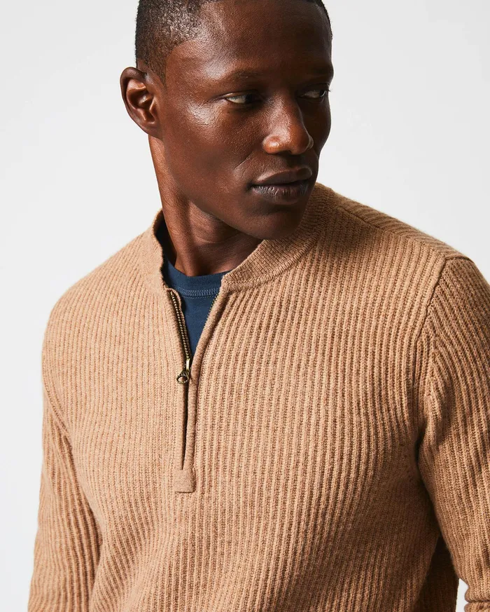 Men Sweaters and Sweatshirts Billy Reid Fisherman Rib Half Zip Cameltan
