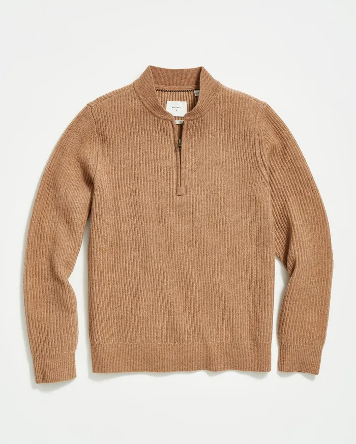 Men Sweaters and Sweatshirts Billy Reid Fisherman Rib Half Zip Cameltan