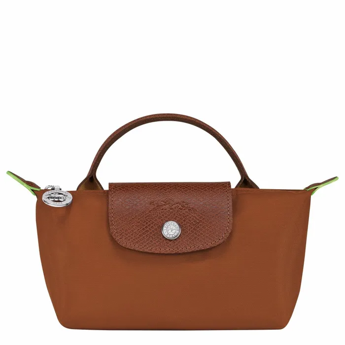 MenWomen Le Pliage Green Pouch With Handle Cognac Longchamp Pouches and Cases