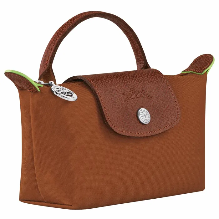 MenWomen Le Pliage Green Pouch With Handle Cognac Longchamp Pouches and Cases
