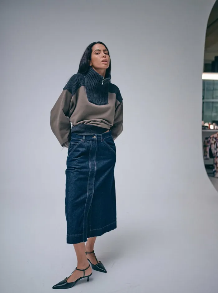 MOS MOSH MMHSharp Rinse Denim Skirt 8211 HEYANNO Dark Blue Women Skirts