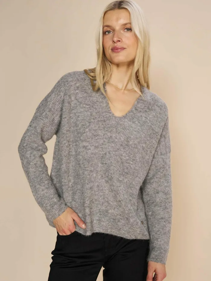MOS MOSH MMThora VNeck Knit Grey Melange Women Knits MOS MOSH MMThora VNeck Knit Grey Melange Women Knits