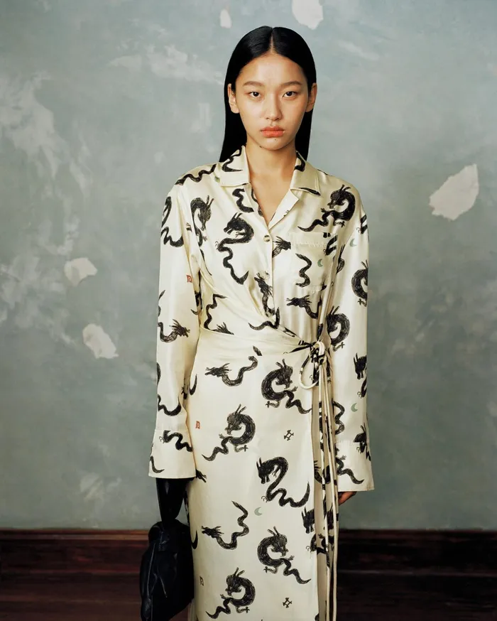 Nanushka Dresses Women Else Slip Satin Wrap Shirt Dress CremeAquarelle Dragon Print