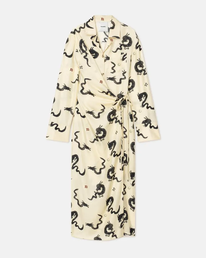 Nanushka Dresses Women Else Slip Satin Wrap Shirt Dress CremeAquarelle Dragon Print