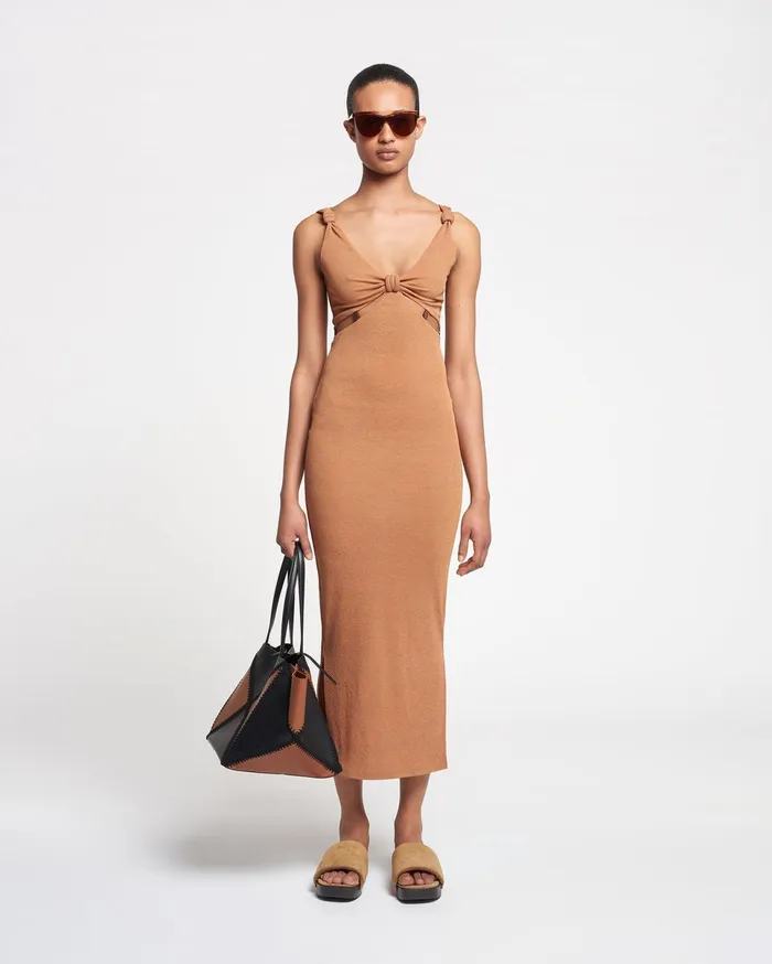 Nanushka Dresses Women Saar Beaded MeshJersey Midi Dress Caramel